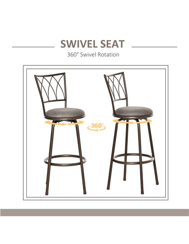 HOMCOM Set of 2 Bar Chairs Swivel Armless Upholstered Metal Frame Barstools with Backrest & Footrest, Bronze 835-535