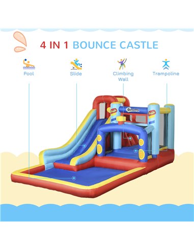 Outsunny 4 in 1 Bouncy Castle, with Slide, Pool, Trampoline, Climbing Wall, Blower - Multicoloured