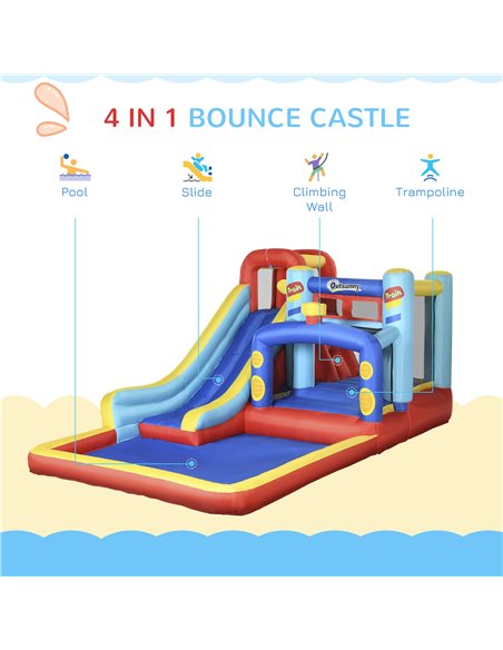 Outsunny 4 in 1 Bouncy Castle, with Slide, Pool, Trampoline, Climbing Wall, Blower - Multicoloured - pic 6176 | FastDaddyshop