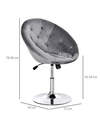 HOMCOM Modern Dining Height Bar Stool Velvet-Touch Tufted Fabric Adjustable Height Armless Tub Chair with Swivel Seat, Grey 835-