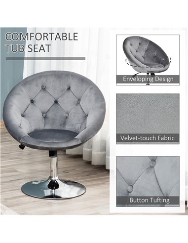 HOMCOM Modern Dining Height Bar Stool Velvet-Touch Tufted Fabric Adjustable Height Armless Tub Chair with Swivel Seat, Grey 835-