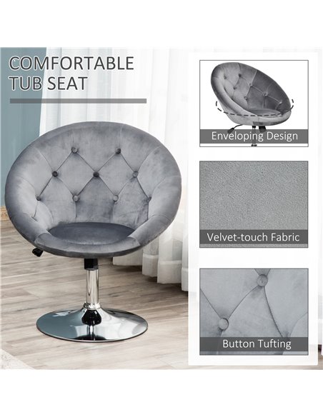 HOMCOM Modern Dining Height Bar Stool Velvet-Touch Tufted Fabric Adjustable Height Armless Tub Chair with Swivel Seat, Grey 835- - pic 61773 | FastDaddyshop