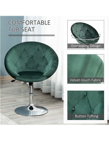 HOMCOM Modern Dining Height Bar Stool Velvet-Touch Tufted Fabric Adjustable Height Armless Tub Chair with Swivel Seat, Green 835