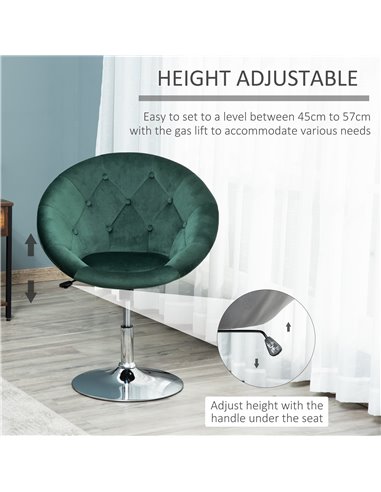 HOMCOM Modern Dining Height Bar Stool Velvet-Touch Tufted Fabric Adjustable Height Armless Tub Chair with Swivel Seat, Green 835