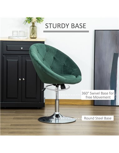 HOMCOM Modern Dining Height Bar Stool Velvet-Touch Tufted Fabric Adjustable Height Armless Tub Chair with Swivel Seat, Green 835