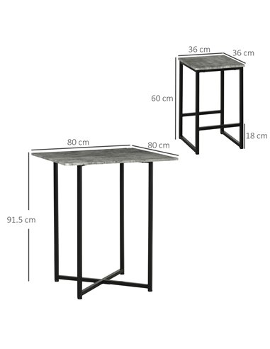 HOMCOM Square Bar Table with Stools, Concrete Effect 5 Pieces Small Kitchen Table and Chairs Set for 4 People, with Steel Frame 