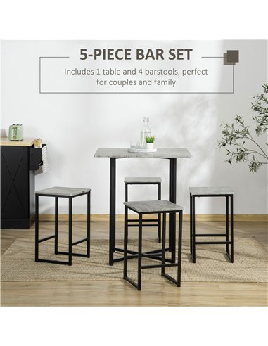 HOMCOM Square Bar Table with Stools, Concrete Effect 5 Pieces Small Kitchen Table and Chairs Set for 4 People, with Steel Frame 