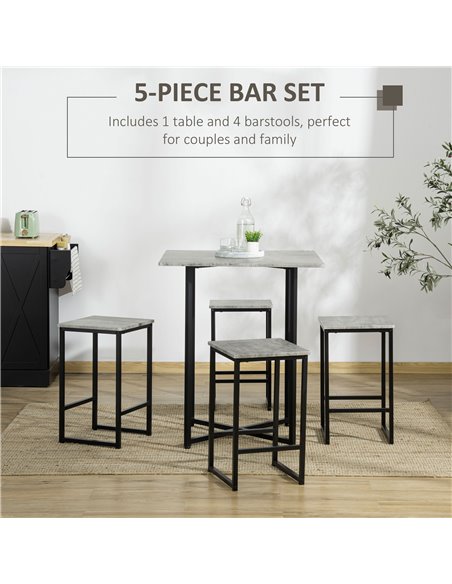 HOMCOM Square Bar Table with Stools, Concrete Effect 5 Pieces Small Kitchen Table and Chairs Set for 4 People, with Steel Frame  - pic 61809 | FastDaddyshop