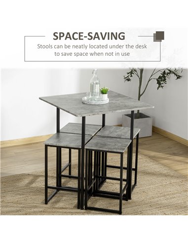 HOMCOM Square Bar Table with Stools, Concrete Effect 5 Pieces Small Kitchen Table and Chairs Set for 4 People, with Steel Frame 