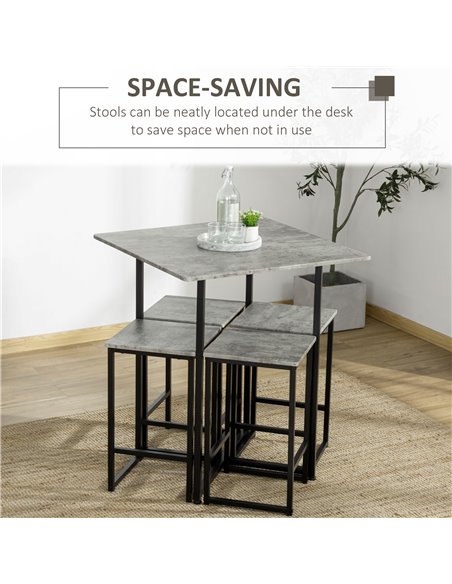 HOMCOM Square Bar Table with Stools, Concrete Effect 5 Pieces Small Kitchen Table and Chairs Set for 4 People, with Steel Frame  - pic 61810 | FastDaddyshop