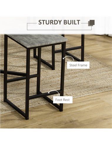 HOMCOM Square Bar Table with Stools, Concrete Effect 5 Pieces Small Kitchen Table and Chairs Set for 4 People, with Steel Frame 