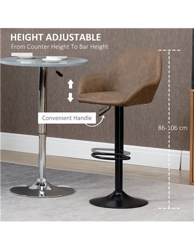 HOMCOM Adjustable Bar Stools Set of 2, Swivel Barstools with Footrest and Backrest, PU Leather Steel Base, for Kitchen Counter D