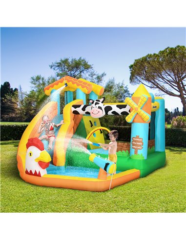 Outsunny 5 in 1 Kids Bounce Castle Farm Style Inflatable House with Slide Trampoline Pool Water Cannon Climbing Wall Inflator Ca