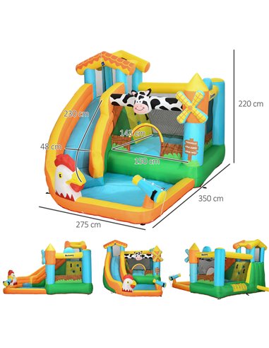 Outsunny 5 in 1 Kids Bounce Castle Farm Style Inflatable House with Slide Trampoline Pool Water Cannon Climbing Wall Inflator Ca