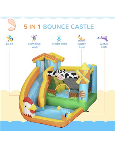 Outsunny 5 in 1 Kids Bounce Castle Farm Style Inflatable House with Slide Trampoline Pool Water Cannon Climbing Wall Inflator Ca