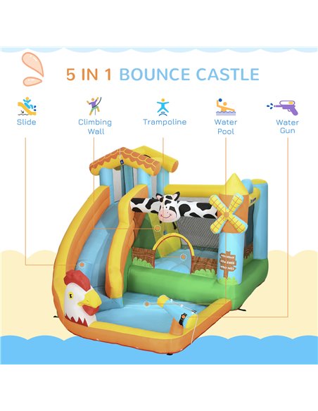 Outsunny 5 in 1 Kids Bounce Castle Farm Style Inflatable House with Slide Trampoline Pool Water Cannon Climbing Wall Inflator Ca - pic 6184 | FastDaddyshop