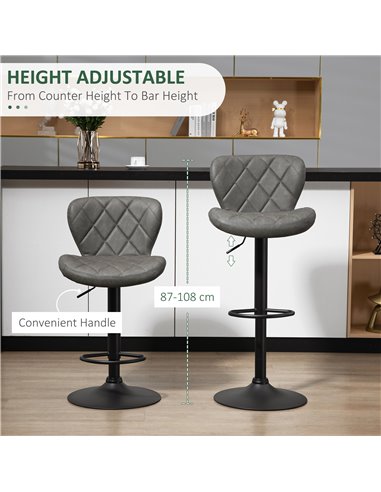 HOMCOM Adjustable Height Bar Stools Set of 2, Swivel Barstools with Backrest and Footrest, Steel Frame Diamond Pattern PU, Kitch