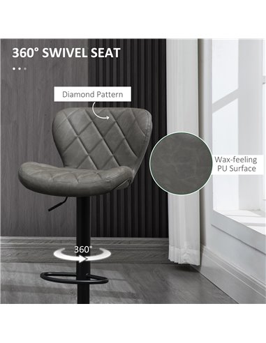 HOMCOM Adjustable Height Bar Stools Set of 2, Swivel Barstools with Backrest and Footrest, Steel Frame Diamond Pattern PU, Kitch