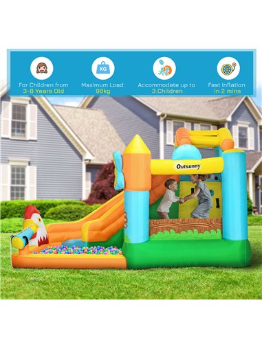 Outsunny 5 in 1 Kids Bounce Castle Farm Style Inflatable House with Slide Trampoline Pool Water Cannon Climbing Wall Inflator Ca