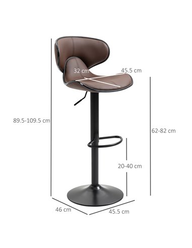 HOMCOM Adjustable Swivel Bar Stools Set of 2, Barstools with Footrest and Backrest, Steel Frame Gas Lift, for Kitchen Counter Di