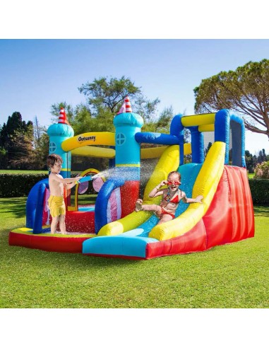 Outsunny 3+ Kids Bounce Castle 4 in 1 Sailboat Style Inflatable Slide Trampoline Water Pool Climbing Wall