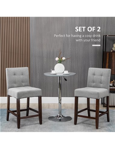 HOMCOM Set of 2 Fabric Bar Stools, Modern Kitchen Chairs with Tufted Back, Thick Padding, Wood Legs, Grey 835-761V70GY