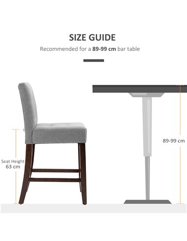 HOMCOM Set of 2 Fabric Bar Stools, Modern Kitchen Chairs with Tufted Back, Thick Padding, Wood Legs, Grey 835-761V70GY