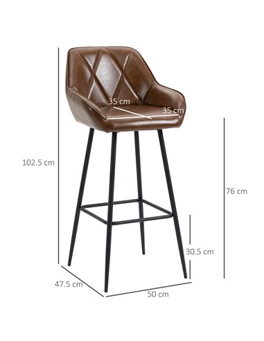 HOMCOM Retro Bar Stools Set of 2, Breakfast Bar Chairs with Footrest, Kitchen Stools with Backs and Steel Legs, for Dining Area 