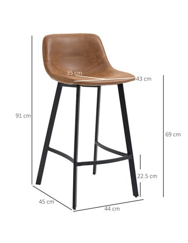 HOMCOM Bar Stools Set of 2, Industrial Kitchen Stool, Upholstered Bar Chairs with Back, Steel Legs, Brown 835-778V70BN