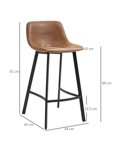 HOMCOM Bar Stools Set of 2, Industrial Kitchen Stool, Upholstered Bar Chairs with Back, Steel Legs, Brown 835-778V70BN - pic 61970 | FastDaddyshop