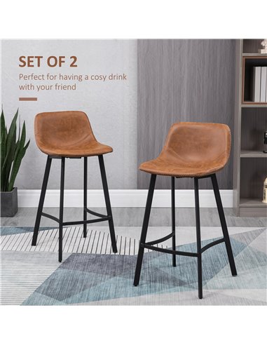 HOMCOM Bar Stools Set of 2, Industrial Kitchen Stool, Upholstered Bar Chairs with Back, Steel Legs, Brown 835-778V70BN