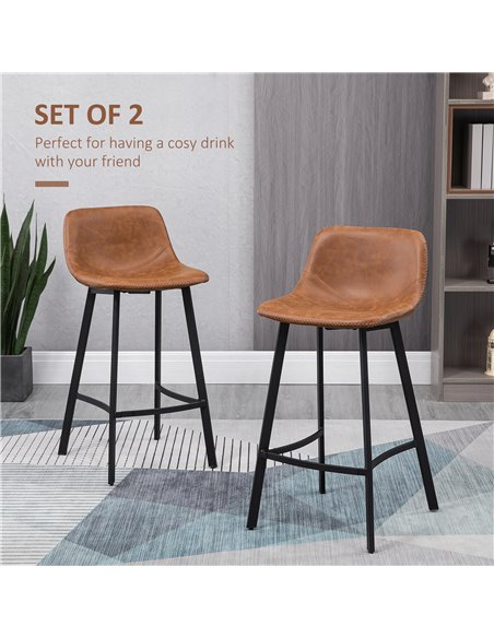 HOMCOM Bar Stools Set of 2, Industrial Kitchen Stool, Upholstered Bar Chairs with Back, Steel Legs, Brown 835-778V70BN - pic 61971 | FastDaddyshop
