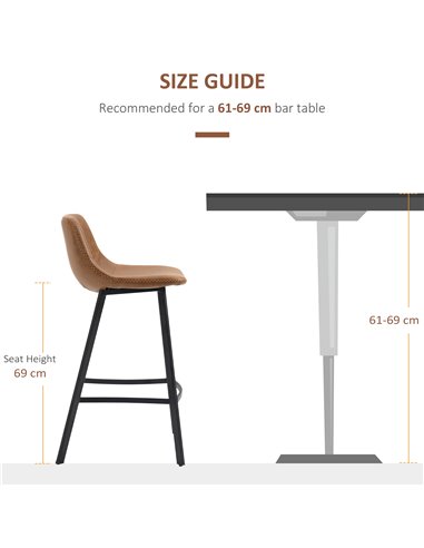 HOMCOM Bar Stools Set of 2, Industrial Kitchen Stool, Upholstered Bar Chairs with Back, Steel Legs, Brown 835-778V70BN