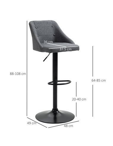 HOMCOM Modern Adjustable Bar Stools Set of 2, Swivel Fabric Barstools with Footrest, Armrests and Back, for Kitchen Counter and 