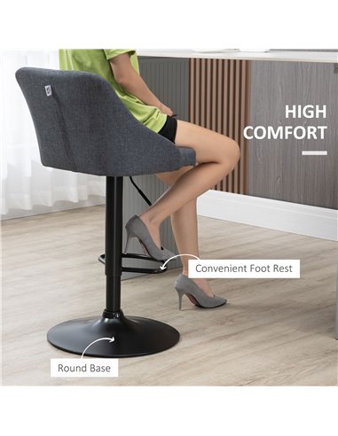 HOMCOM Modern Adjustable Bar Stools Set of 2, Swivel Fabric Barstools with Footrest, Armrests and Back, for Kitchen Counter and 