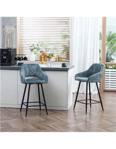 HOMCOM Bar Stools Set of 2, Velvet-Touch Fabric Counter Height Bar Chairs, Kitchen Stools with Steel Legs for Dining Area Blue 8