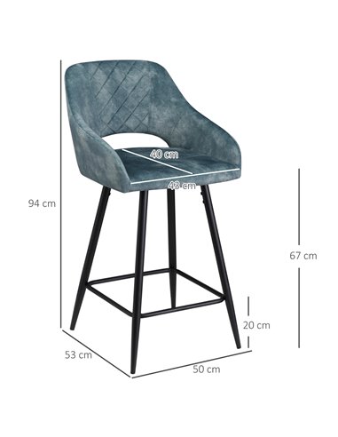 HOMCOM Bar Stools Set of 2, Velvet-Touch Fabric Counter Height Bar Chairs, Kitchen Stools with Steel Legs for Dining Area Blue 8
