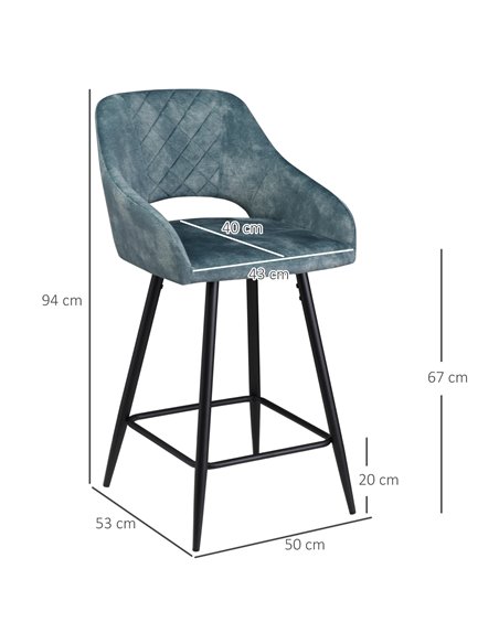 HOMCOM Bar Stools Set of 2, Velvet-Touch Fabric Counter Height Bar Chairs, Kitchen Stools with Steel Legs for Dining Area Blue 8 - pic 61988 | FastDaddyshop