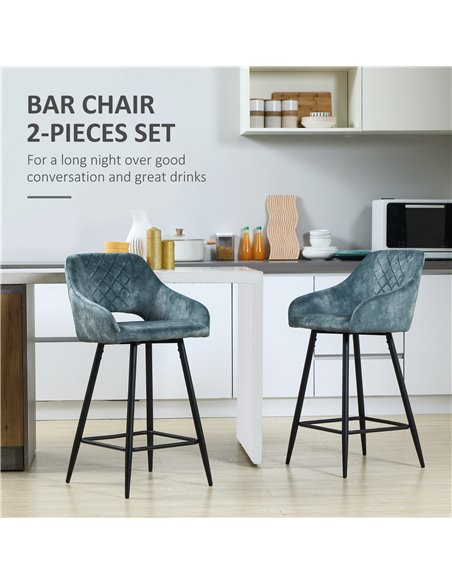 HOMCOM Bar Stools Set of 2, Velvet-Touch Fabric Counter Height Bar Chairs, Kitchen Stools with Steel Legs for Dining Area Blue 8 - pic 61989 | FastDaddyshop