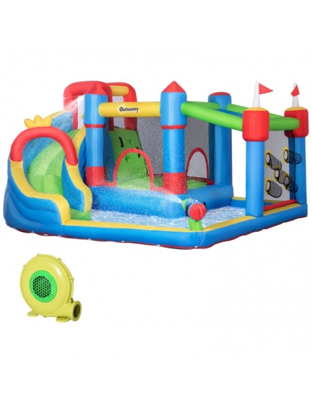 Outsunny 3+ Kids Bounce Castle 5 in 1 Large Castle Style Slide Trampoline Pool Water Gun Climbing Wall - pic 6199 | FastDaddyshop