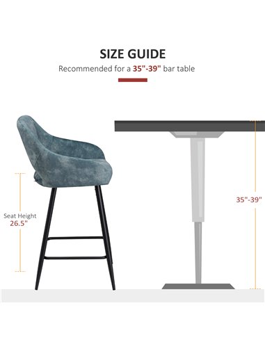 HOMCOM Bar Stools Set of 2, Velvet-Touch Fabric Counter Height Bar Chairs, Kitchen Stools with Steel Legs for Dining Area Blue 8