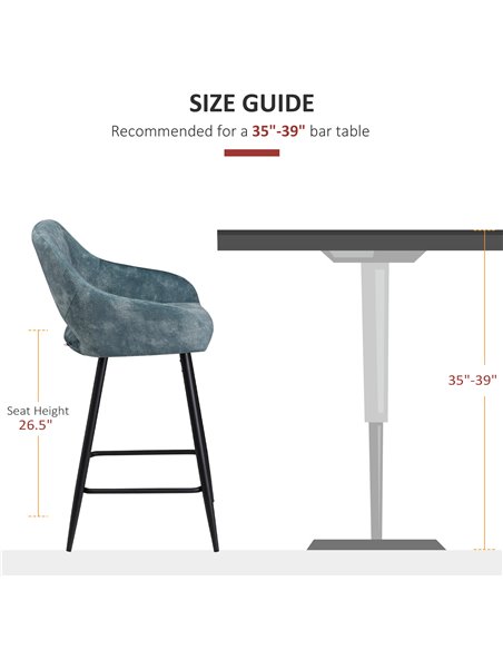HOMCOM Bar Stools Set of 2, Velvet-Touch Fabric Counter Height Bar Chairs, Kitchen Stools with Steel Legs for Dining Area Blue 8 - pic 61992 | FastDaddyshop