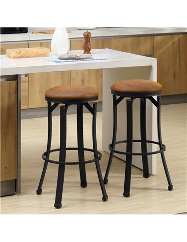 HOMCOM Set of 2 Bar Chairs, Microfiber Cloth, Breakfast Stools with Footrest, Vintage, Powder-coated Steel Legs, Brown 835-554V7