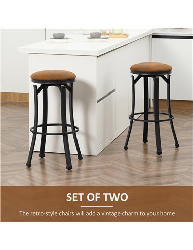 HOMCOM Set of 2 Bar Chairs, Microfiber Cloth, Breakfast Stools with Footrest, Vintage, Powder-coated Steel Legs, Brown 835-554V7