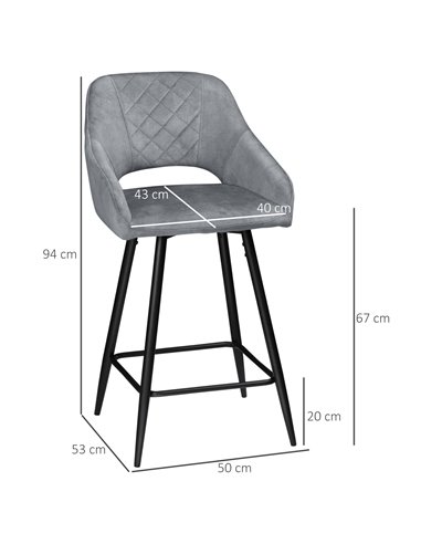 HOMCOM Set of 2 Bar stools With Backs, Velvet-Touch Fabric Counter Height Bar Chairs, Kitchen Stools with Steel Legs for Dining 