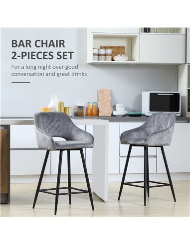 HOMCOM Set of 2 Bar stools With Backs, Velvet-Touch Fabric Counter Height Bar Chairs, Kitchen Stools with Steel Legs for Dining 
