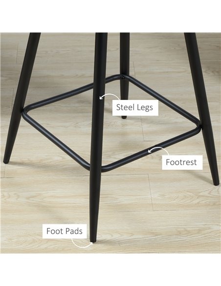 HOMCOM Set of 2 Bar stools With Backs, Velvet-Touch Fabric Counter Height Bar Chairs, Kitchen Stools with Steel Legs for Dining  - pic 62009 | FastDaddyshop
