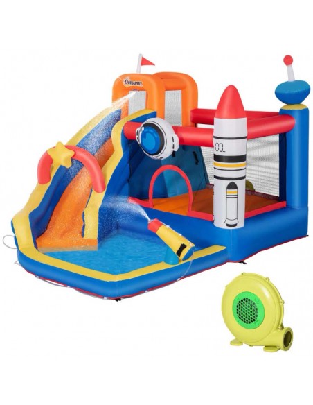 Outsunny 3+ Kids Bounce Castle 5 in 1 Water Space Style Slide Trampoline Pool Water Gun Climbing Wall - pic 6203 | FastDaddyshop