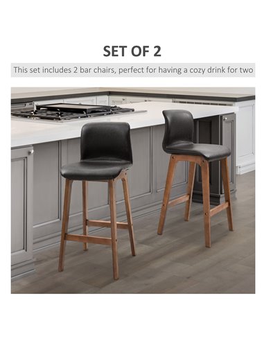 HOMCOM Modern Bar Stools Set of 2, PU Leather Upholstered Bar Chairs with Wooden Frame, Footrest for Home Bar, Dining Room 835-1