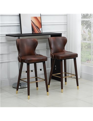 HOMCOM Bar Stools Set of 2, PU Leather Vintage Counter-Height Bar Chair, Luxury European Style Kitchen Stools with Back, Brown 8